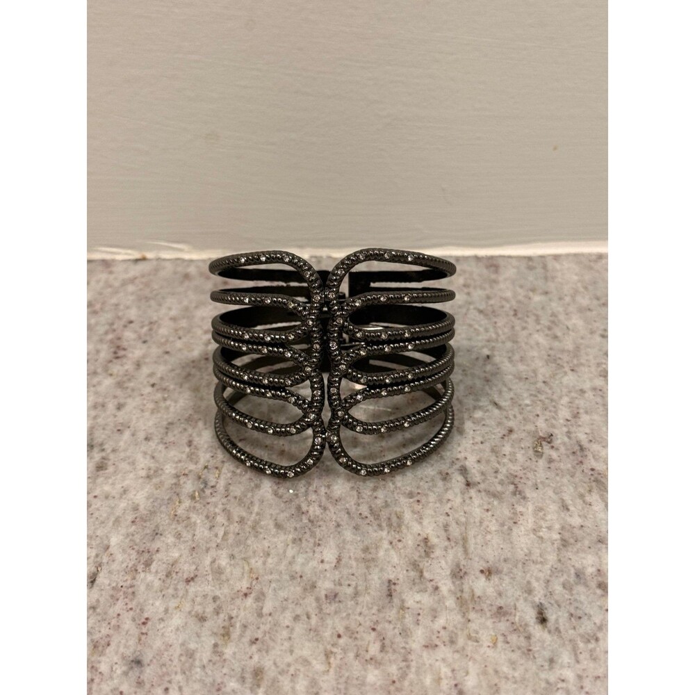 Gunmetal Wide Hinged Cuff Bracelet Clear Rhinestone Accent Statement Bangle